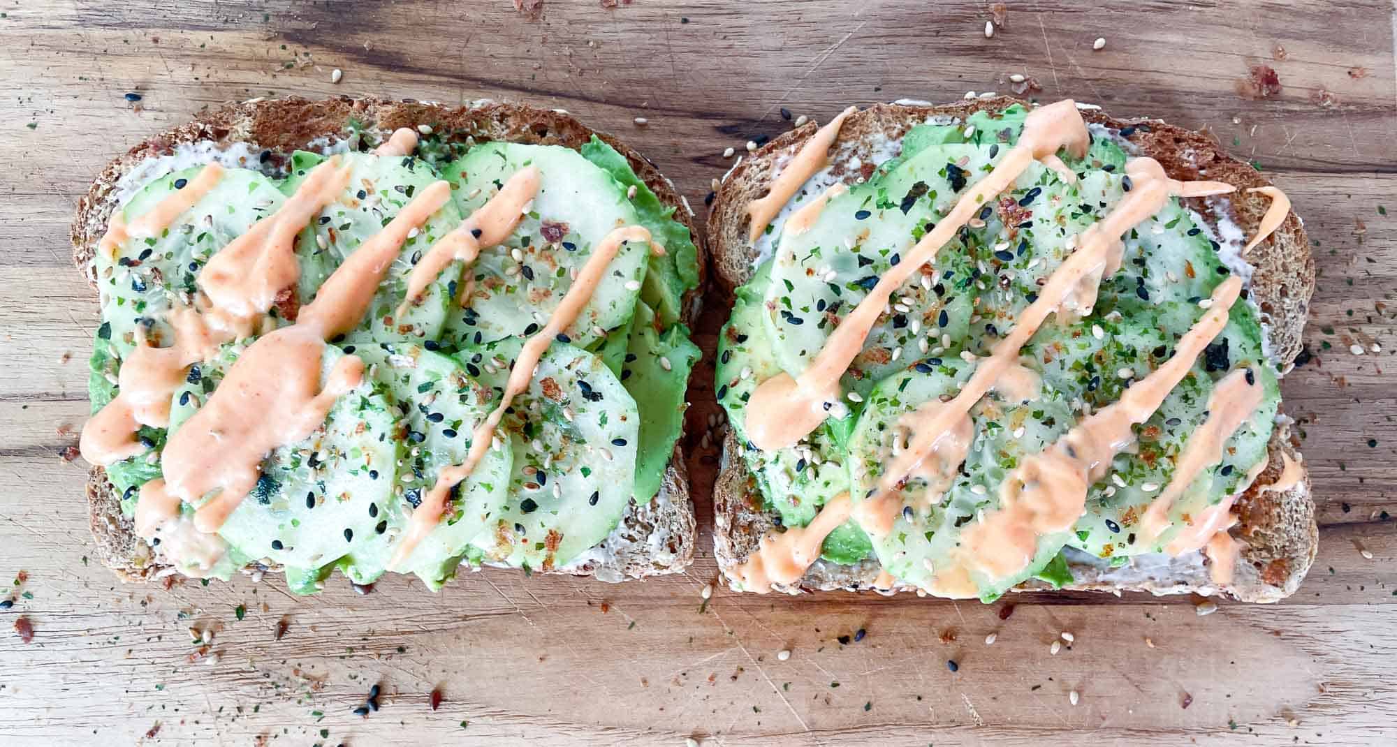 Sushi toppings piled on toast. 