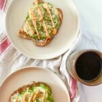 Sushi Toast on plates with a cup of coffee.