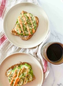 Sushi Toast on plates with a cup of coffee.