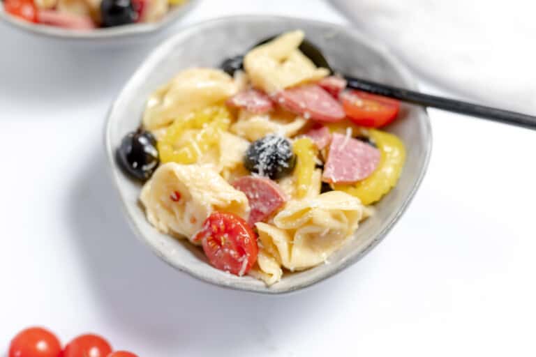 A close up of tortellini salad in a bowl with a spoon.