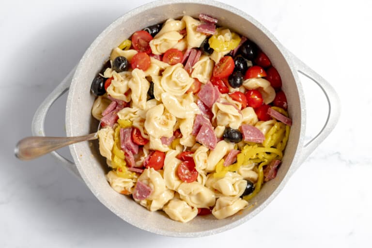 A pot of tortellini salad.