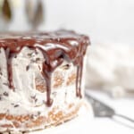 A layered cannoli cake with chocolate ganache dripping down its sides, displayed on a white table with a cake server nearby.