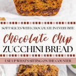 Slices of chocolate chip zucchini bread are arranged on parchment paper, showcasing rich chocolate chips baked throughout the moist loaf.