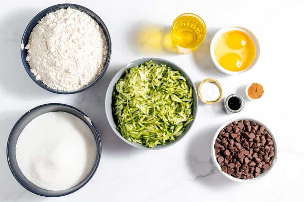 Ingredients for Chocolate Chip Zucchini Bread. 