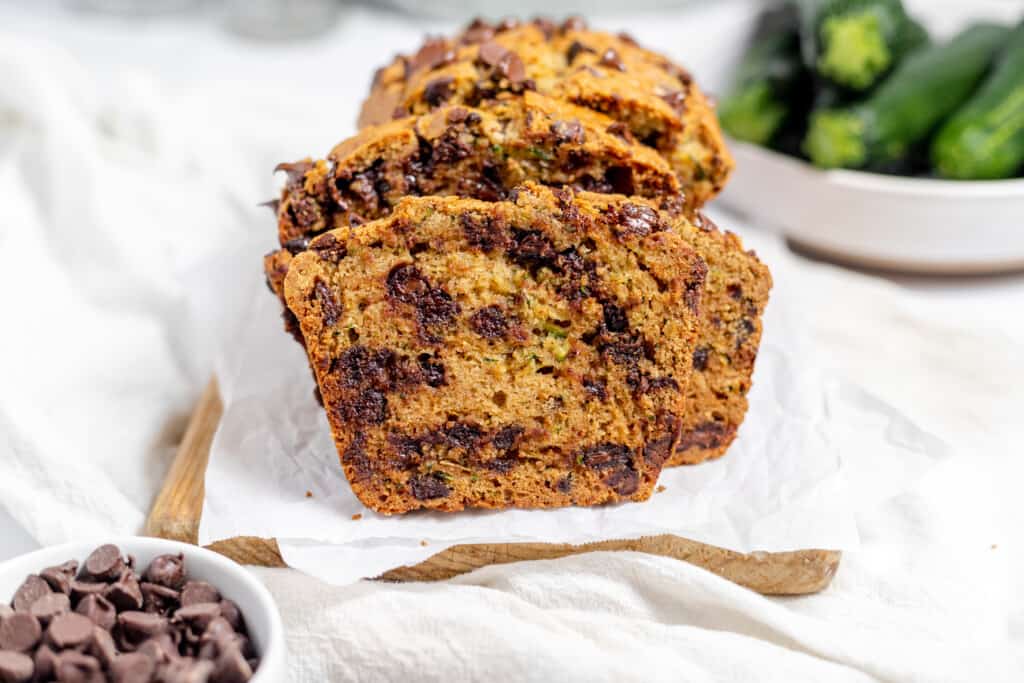 Close-up photo of chocolate chip zucchini bread.