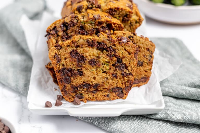 Sliced chocolate chip zucchini bread.