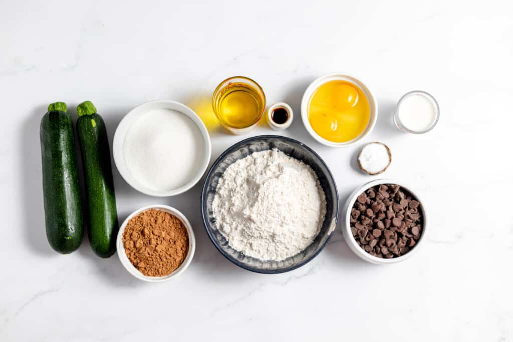 Ingredients for zucchini chocolate muffins. 