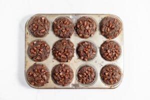 Fully baked chocolate zucchini muffins.