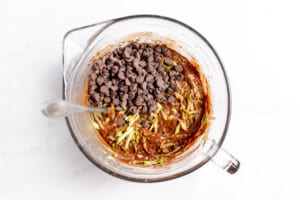 Chocolate chips added to the chocolate zucchini batter.