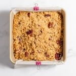 Peach crisp baked golden brown.