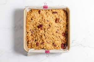 Peach crisp baked golden brown.