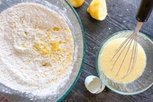 Lemon zest grated into muffin dry ingredients.