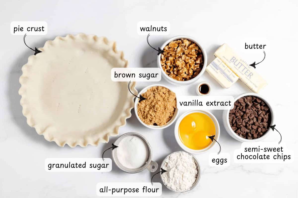 Labeled chocolate chip pie ingredients: pie crust, walnuts, butter, brown sugar, vanilla extract, semi-sweet chocolate chips, eggs, all-purpose flour, granulated sugar.