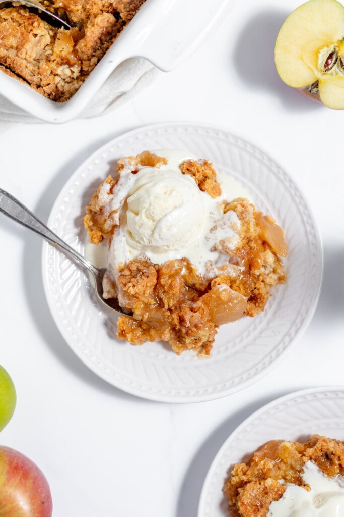 A plate of apple crisp with ice cream and apples.