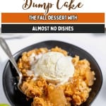 A black bowl of caramel apple dump cake topped with vanilla ice cream, with a spoon and pieces of apple visible. A green apple and a fork are nearby, completing this inviting presentation of caramel apple dump cake.