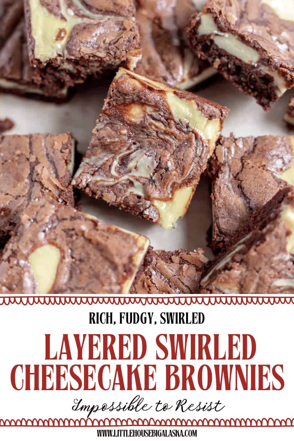 Close-up of Cheesecake Brownies with swirled cheesecake layers, showing a rich, fudgy texture and marbled appearance.