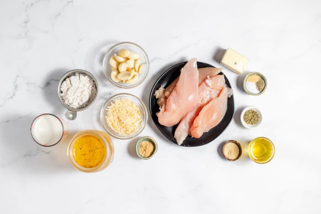 Ingredients fro creamy garlic chicken. 