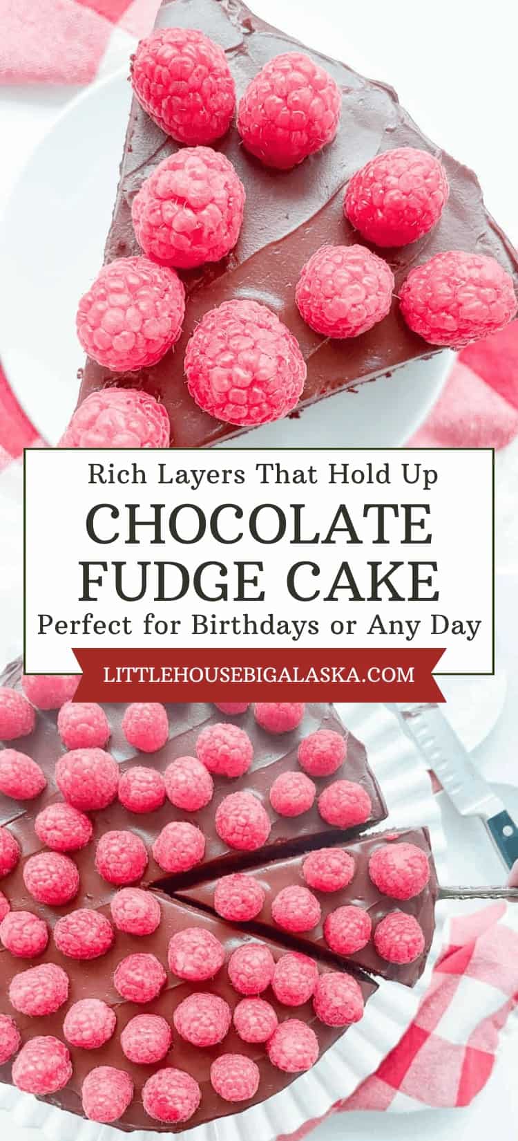 A decadent chocolate fudge cake topped with fresh raspberries is sliced on a white plate, with a red and white checkered napkin underneath.