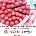 Round chocolate fudge cake topped with fresh raspberries, one decadent slice being served on a pink and white cloth, with text elegantly describing the irresistible chocolate fudge cake.