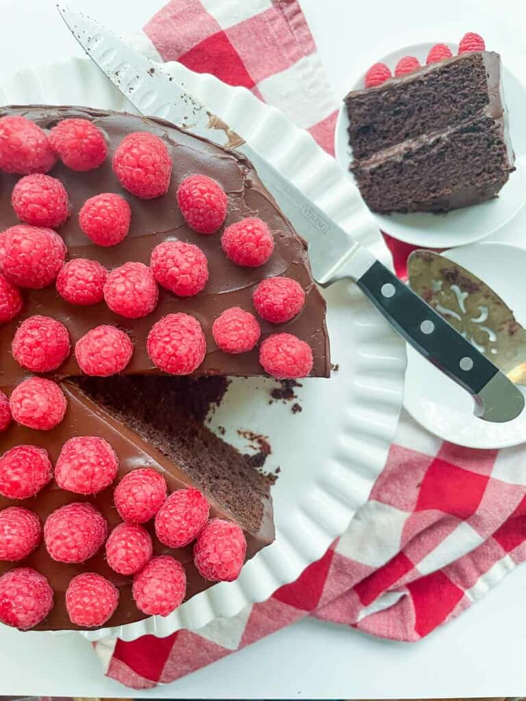 A chocolate fudge cake with raspberries.