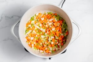 A pot filled with carrots and onions.