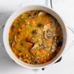 A pot of soup with mushrooms and carrots in it.