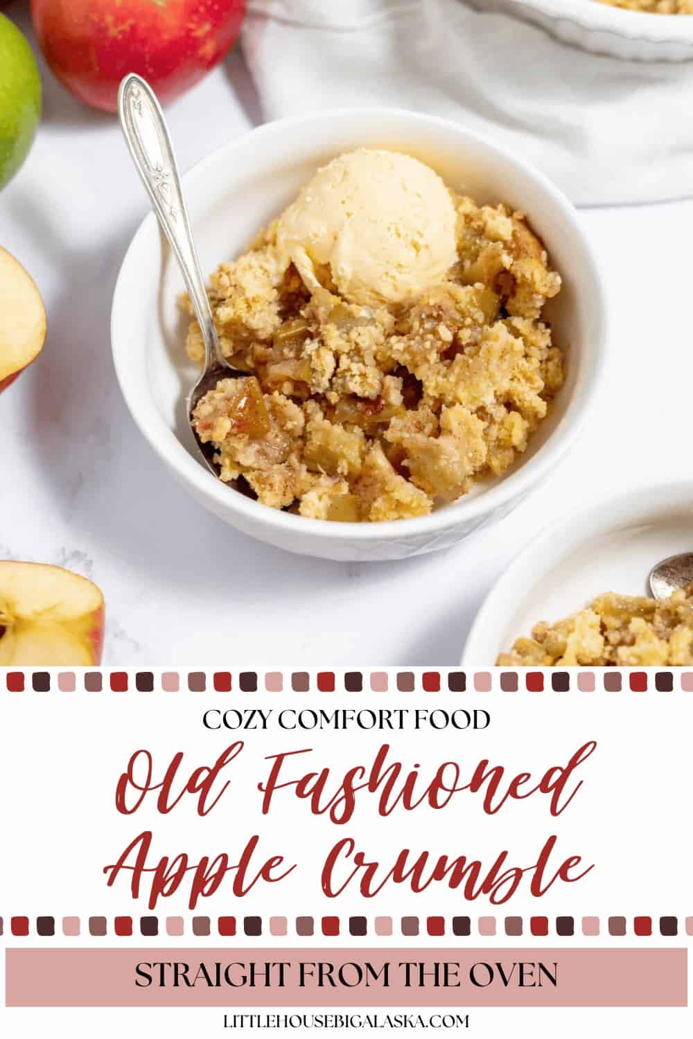 A tempting bowl of apple crumble, topped with a scoop of creamy vanilla ice cream, sits invitingly with a spoon nestled inside and fresh sliced apples nearby.