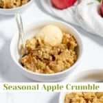 Delicious apple crumble served with a scoop of ice cream and fresh apples.
