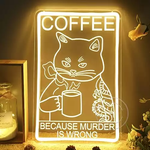 Britrio Cat Coffee Neon Sign Wall Decor for Kitchen Cafe Restaurant Because Murder Is Wrong Funny Home Bar Decorations Wall Art Dinning Room Pub Man Cave LED Light Warm White 5V