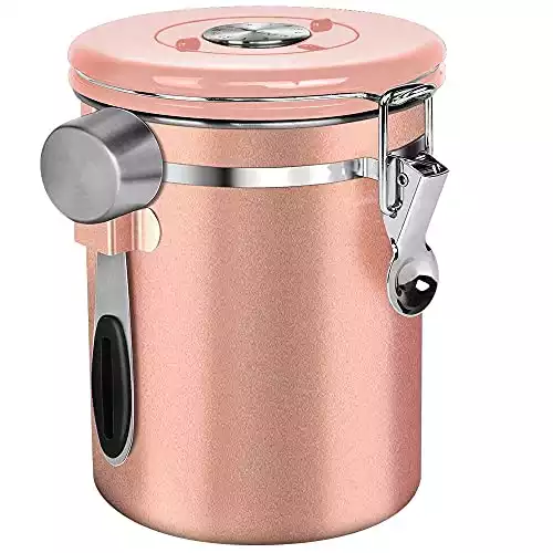 NEX Coffee Canister, Airtight Stainless Steel Ground Coffee Food Jar Storage for Beans, Tea, Flour, Sugar, Coffee Containers with Scoop, Date Tracker and CO2-Release Valve, 22oz, Rose Gold