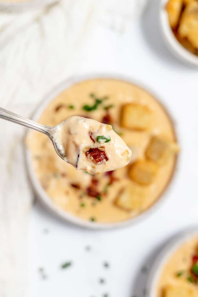 A spoon full of cheesy soup with croutons.
