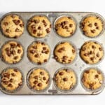 Chocolate chip muffins in a muffin tin.