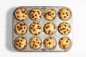 Chocolate chip muffins in a muffin tin.