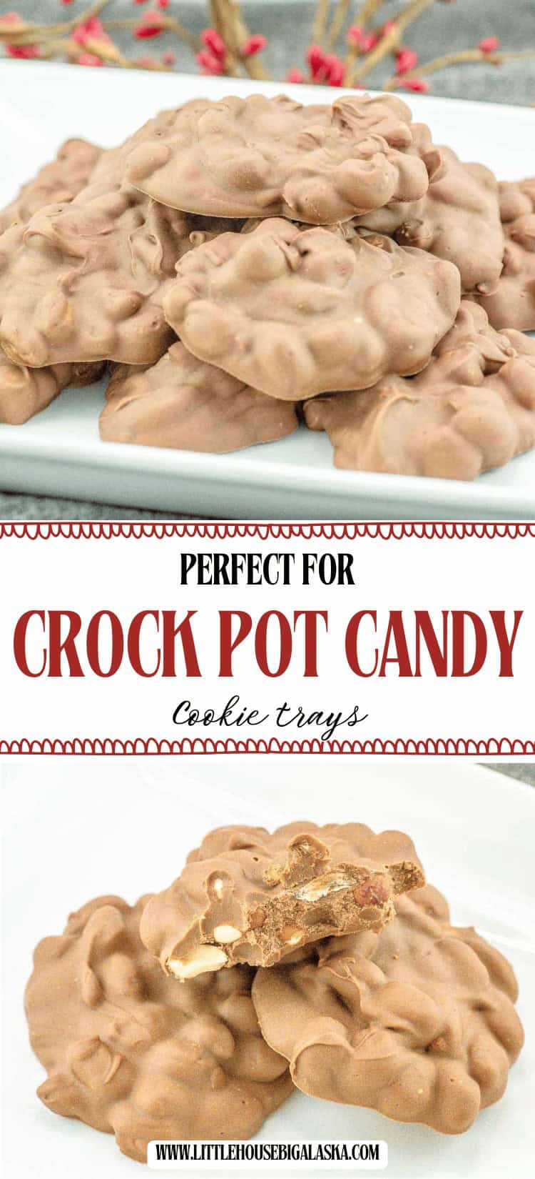 A plate of homemade crock pot candy clusters, with one cluster cut open to show the peanut and caramel filling. Text overlay reads "Perfect for crock pot candy cookie trays." These irresistible treats make a delicious addition to any holiday spread.