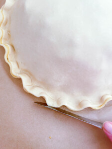A person cutting a pie crust with a pair of scissors.