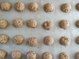 A sheet of mallowmars on a baking sheet.