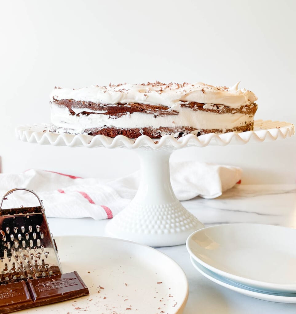 A Mocha Torte on a plate.