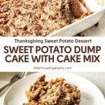 Sweet Potato Dump Cake in a baking dish and plate, topped with pecans—this easy Thanksgiving dessert is made simple with cake mix.