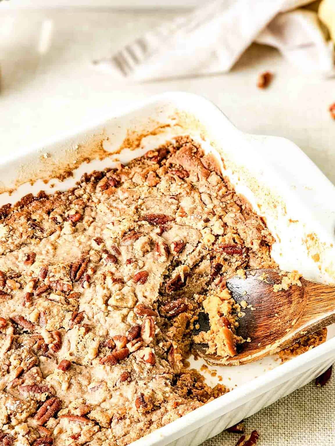 Sweet potato dump cake in a baking dish.