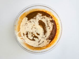 Mixing bowl of sweet potato cake mix in it.