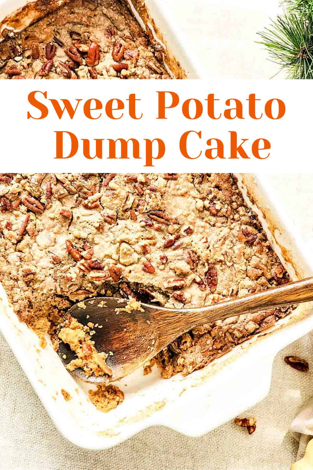 A wooden spoon in a white dish of Sweet Potato Dump Cake.