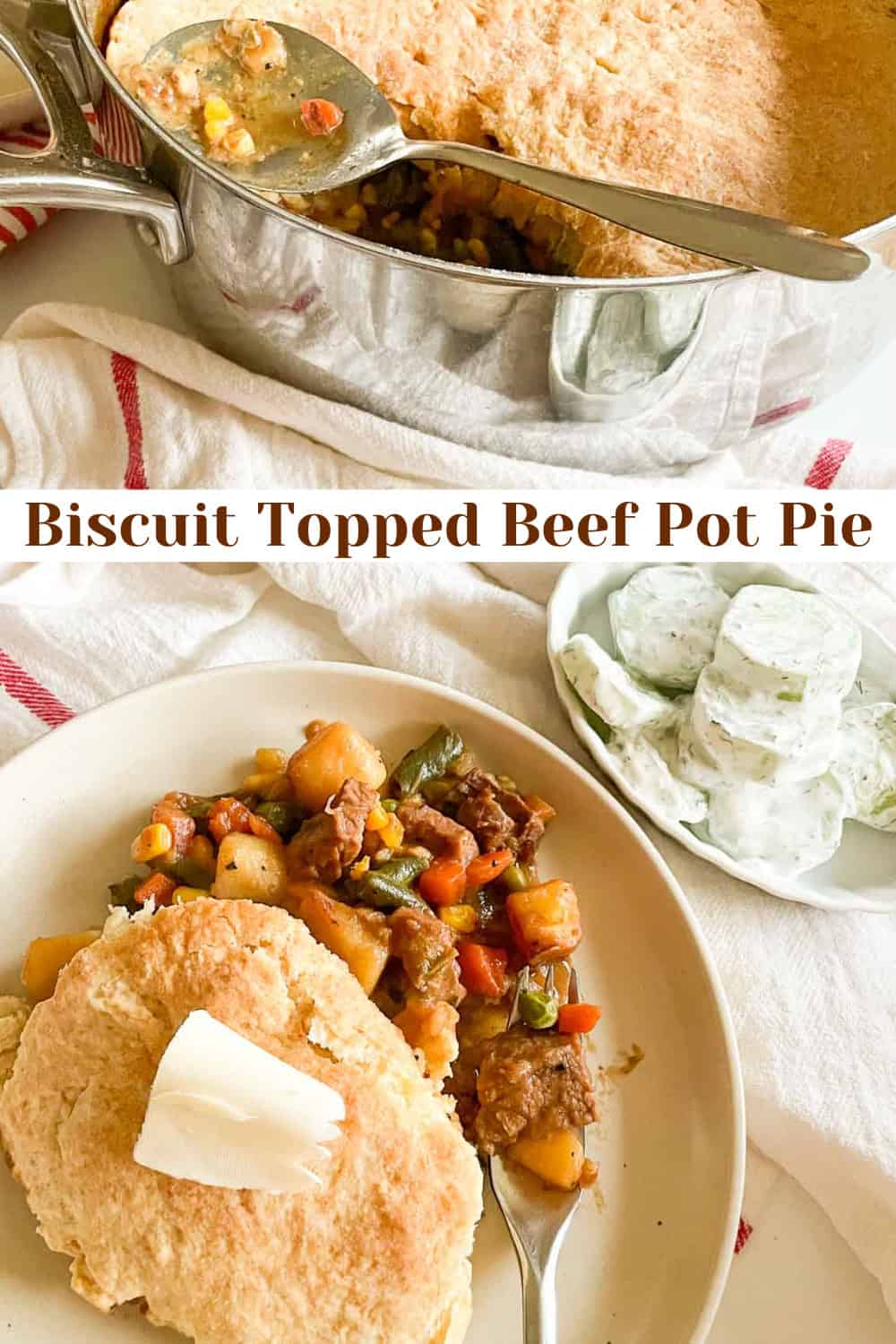 Savory beef pot pie featuring a flaky biscuit topping.