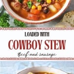 A hearty bowl of cowboy stew with sausage, beef, beans, corn, potatoes, and carrots, garnished with parsley and set on a light cloth. Fresh bread sits in the background for a classic cowboy meal.