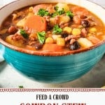 A bowl of cowboy stew filled with sausage, beans, corn, carrots, potatoes, and garnished with parsley sits on a counter. The text below reads, "Feed a crowd with hearty cowboy stew. Cowboy Stew with ease.