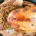 A roasted turkey in a bowl with seasonings.