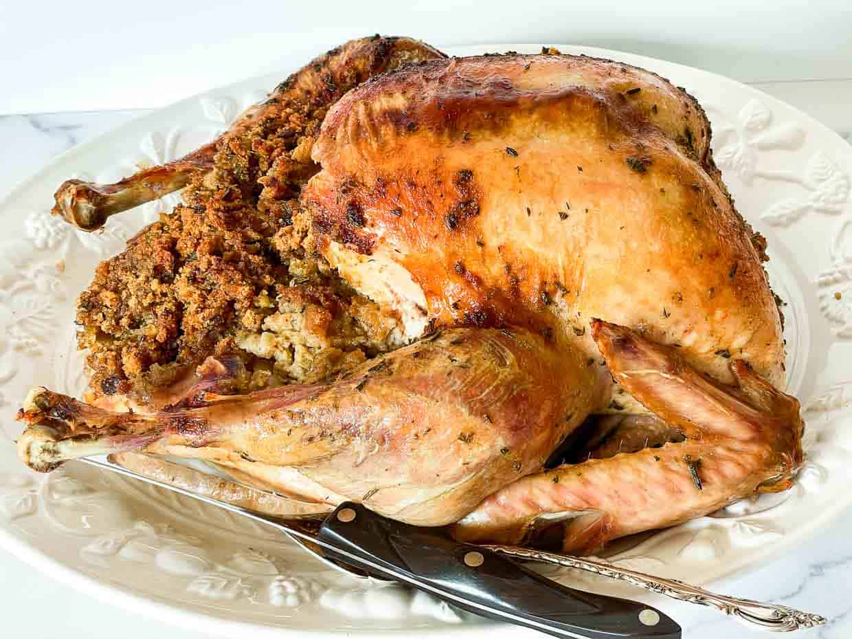 A top down view of a turkey dinner.