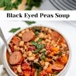 Black eyed peas soup in a bowl with a spoon.