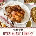 Oven-roasted turkey with savory stuffing on a platter, surrounded by creamy mashed potatoes, fluffy rice, warm bread rolls, extra stuffing, and rich gravy on a welcoming dining table.