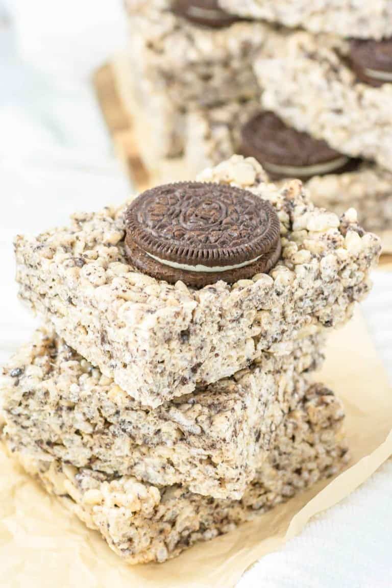 Oreo granola bars stacked on top of each other.