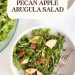 A plate of arugula salad with apple slices and pecans sits next to a fork, with a larger bowl of arugula salad in the background. The recipe title and website are clearly visible.